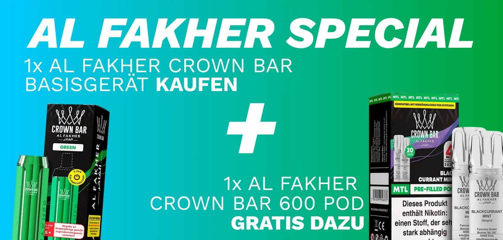 SPECIAL: AL FAKHER CROWN BAR 600 - 1X BASISGERÄT + GRATIS POD (2ER PACK)
